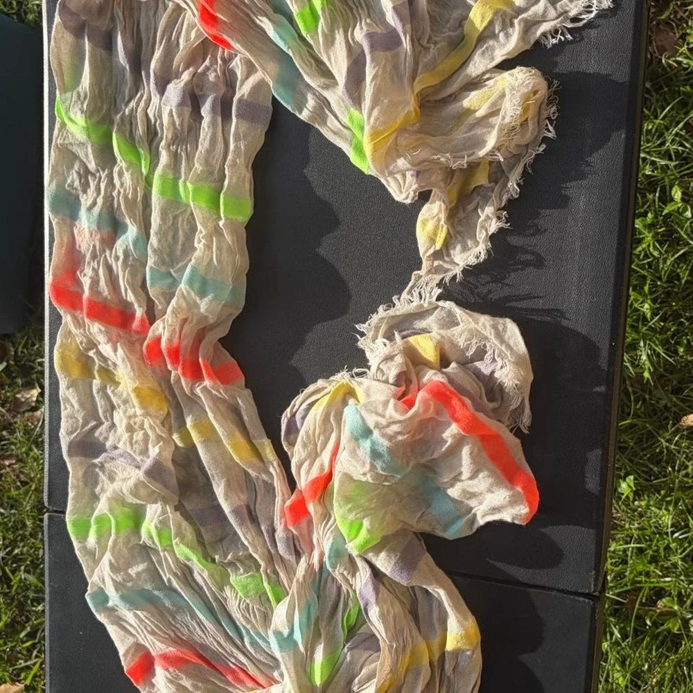 Multicolor Striped Summer Scarf Neon Gauze Crinkle Frayed Edge Wrap Beige Boho